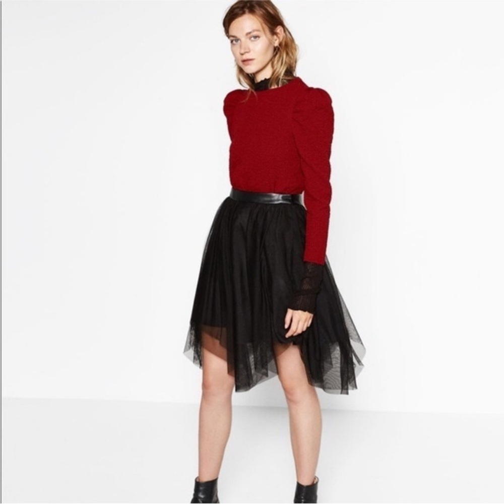 Zara black tulle skirt asymmetrical hem faux leather waist size medium